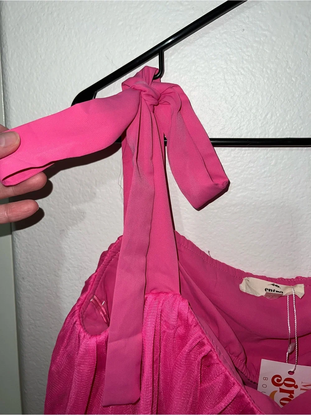 entro Hot Pink Tiered Ruffle Tie-Strap Crop Camisole